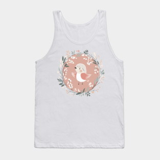 Boho Kawaii Robin – Adorable Bird in a Floral Wreath Tank Top