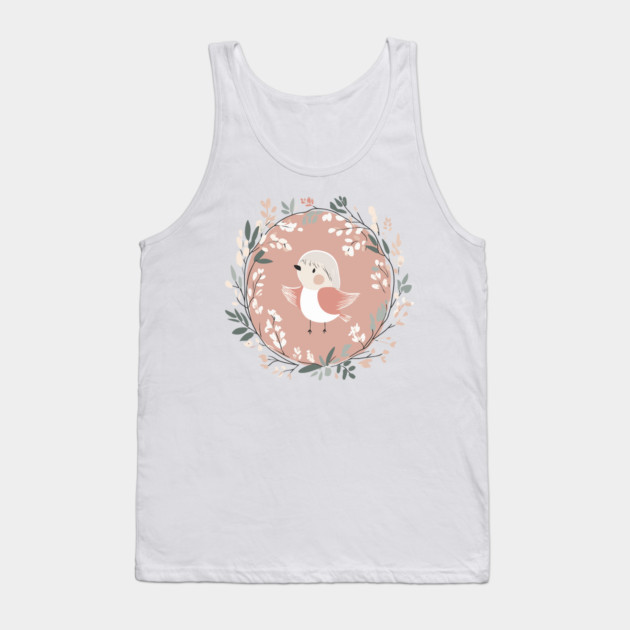 Boho Kawaii Robin – Adorable Bird in a Floral Wreath Tank Top by TuncGK