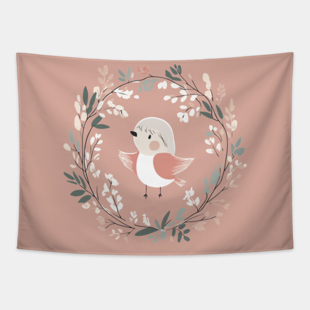 Boho Kawaii Robin – Adorable Bird in a Floral Wreath Tapestry by TuncGK