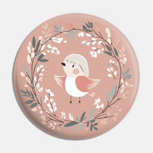 Boho Kawaii Robin – Adorable Bird in a Floral Wreath Pin