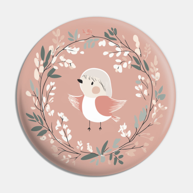 Boho Kawaii Robin – Adorable Bird in a Floral Wreath Pin by TuncGK