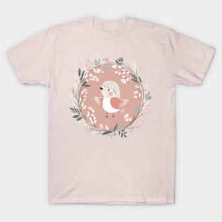Boho Kawaii Robin – Adorable Bird in a Floral Wreath T-Shirt