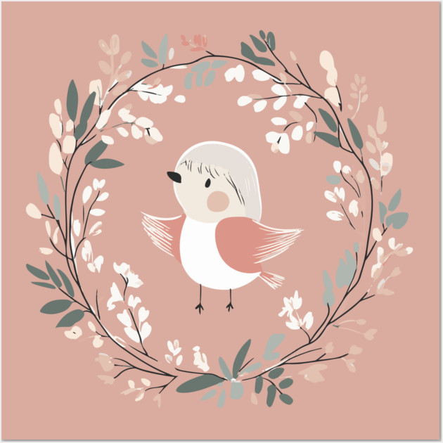 Boho Kawaii Robin – Adorable Bird in a Floral Wreath Wall Art by TuncGK