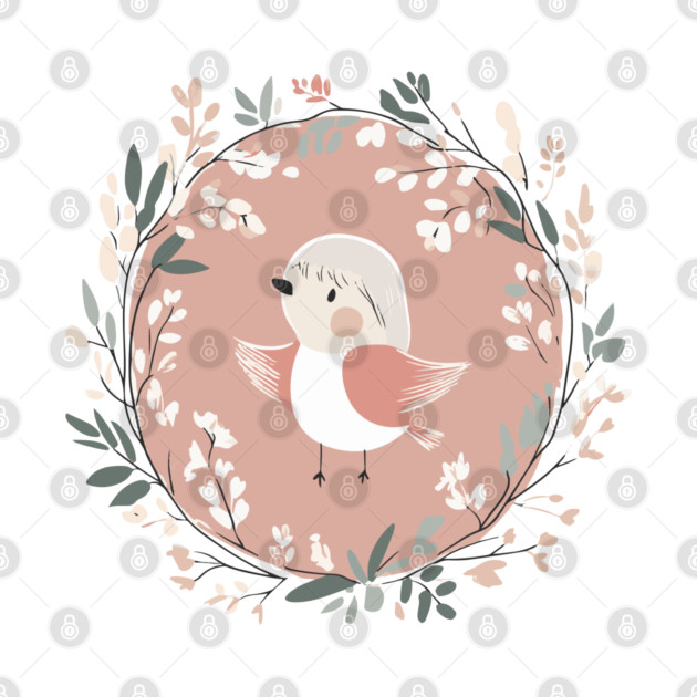 Boho Kawaii Robin – Adorable Bird in a Floral Wreath by TuncGK