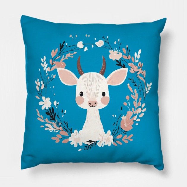 Boho Kawaii Baby Goat – Whimsical Farm Animal Art Pillow by TuncGK