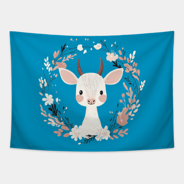 Boho Kawaii Baby Goat – Whimsical Farm Animal Art Tapestry by TuncGK