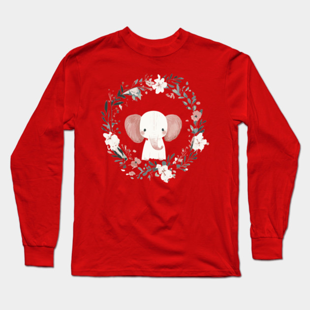 Boho Kawaii Elephant – Gentle Giant in a Floral Wreath Long Sleeve T-Shirt by TuncGK