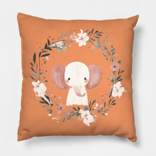 Boho Kawaii Elephant – Gentle Giant in a Floral Wreath Pillow