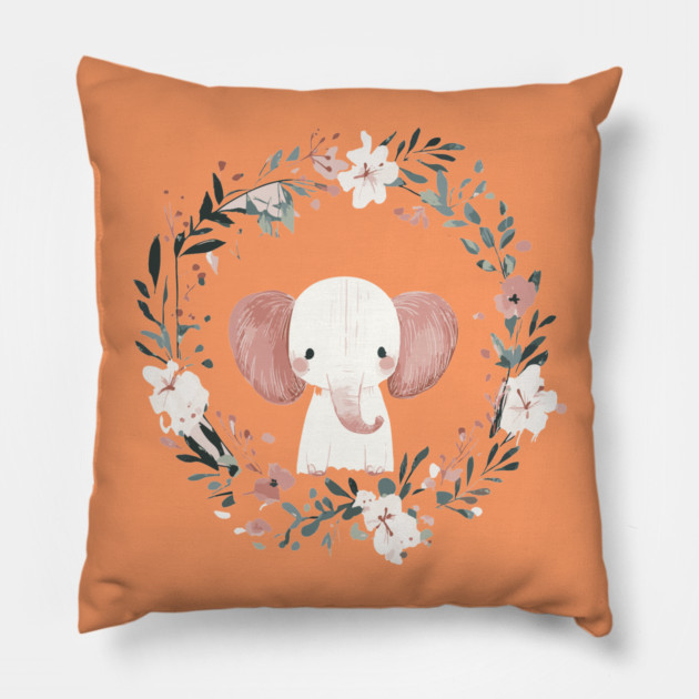 Boho Kawaii Elephant – Gentle Giant in a Floral Wreath Pillow by TuncGK