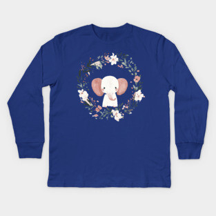 Boho Kawaii Elephant – Gentle Giant in a Floral Wreath Kids Long Sleeve T-Shirt