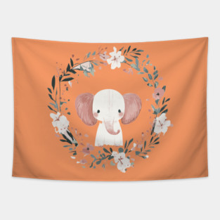 Boho Kawaii Elephant – Gentle Giant in a Floral Wreath Tapestry