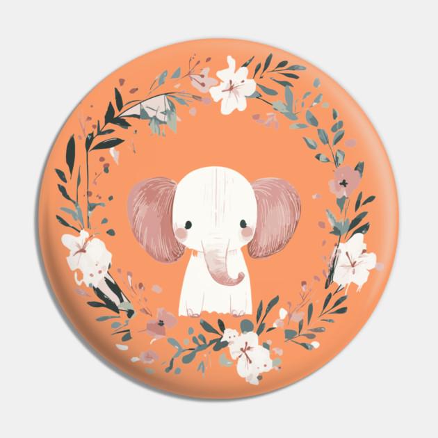 Boho Kawaii Elephant – Gentle Giant in a Floral Wreath Pin by TuncGK
