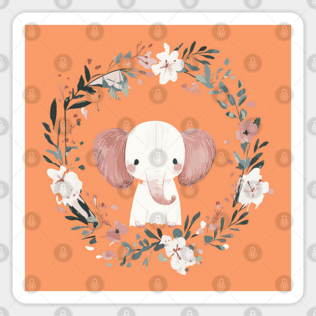 Boho Kawaii Elephant – Gentle Giant in a Floral Wreath Sticker by TuncGK