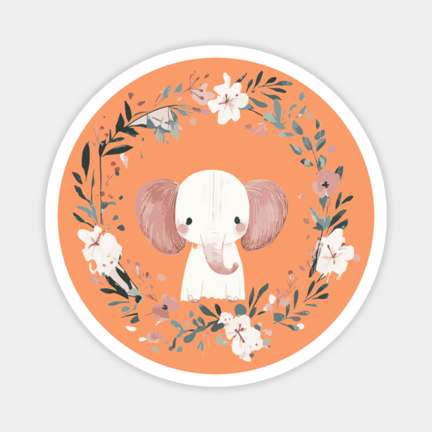 Boho Kawaii Elephant – Gentle Giant in a Floral Wreath Magnet by TuncGK