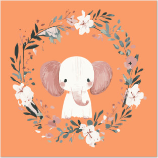 Boho Kawaii Elephant – Gentle Giant in a Floral Wreath Posters and Art