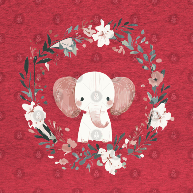 Boho Kawaii Elephant – Gentle Giant in a Floral Wreath by TuncGK