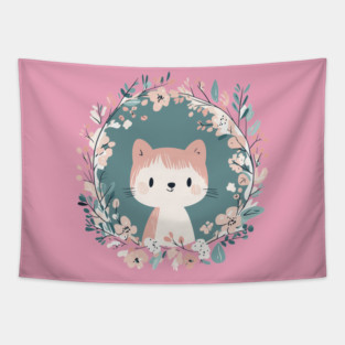 Boho Kawaii Cat – Adorable Pastel Kitty Aesthetic Tapestry