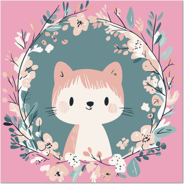 Boho Kawaii Cat – Adorable Pastel Kitty Aesthetic Wall Art by TuncGK