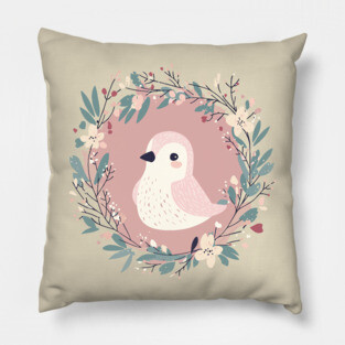 Boho Kawaii Sparrow – Whimsical Bird Illustration Pillow