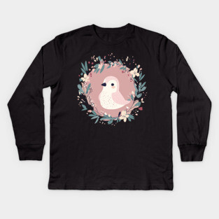 Boho Kawaii Sparrow – Whimsical Bird Illustration Kids Long Sleeve T-Shirt