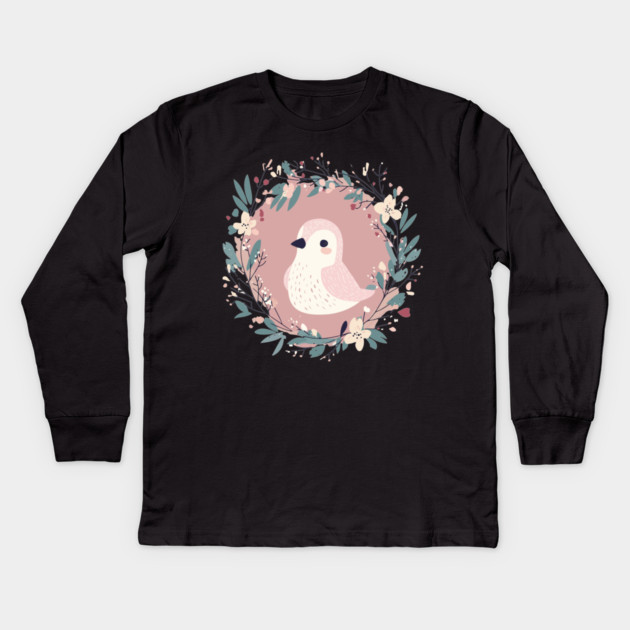 Boho Kawaii Sparrow – Whimsical Bird Illustration Kids Long Sleeve T-Shirt by TuncGK