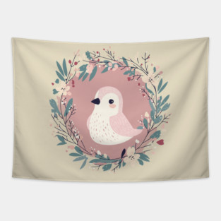 Boho Kawaii Sparrow – Whimsical Bird Illustration Tapestry
