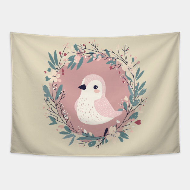 Boho Kawaii Sparrow – Whimsical Bird Illustration Tapestry by TuncGK