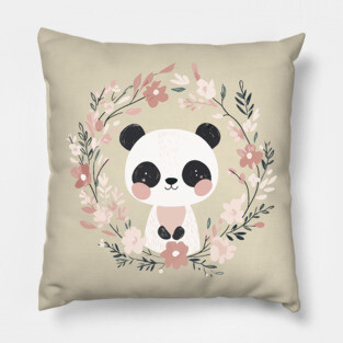 Boho Kawaii Panda – Adorable Pastel Wildlife Illustration Pillow