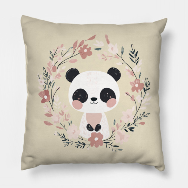Boho Kawaii Panda – Adorable Pastel Wildlife Illustration Pillow by TuncGK
