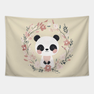 Boho Kawaii Panda – Adorable Pastel Wildlife Illustration Tapestry