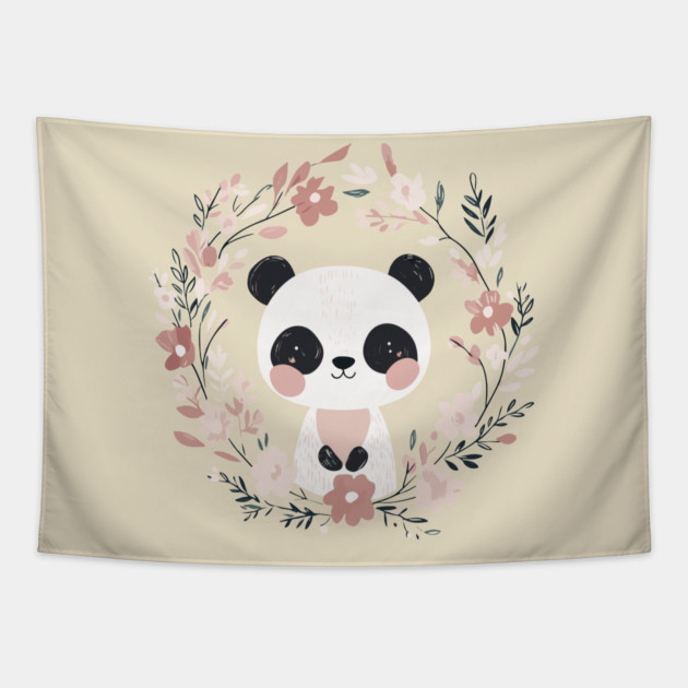 Boho Kawaii Panda – Adorable Pastel Wildlife Illustration Tapestry by TuncGK