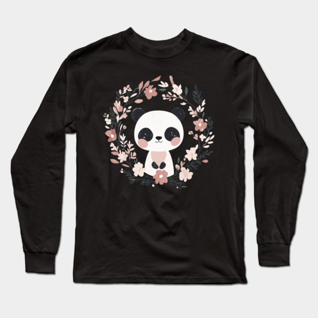 Boho Kawaii Panda – Adorable Pastel Wildlife Illustration Long Sleeve T-Shirt by TuncGK