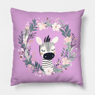Boho Kawaii Zebra – Whimsical Safari Animal Illustration Pillow