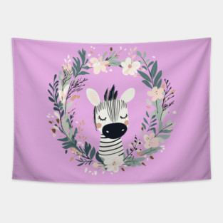 Boho Kawaii Zebra – Whimsical Safari Animal Illustration Tapestry