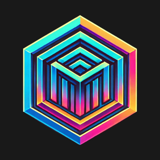 Hexagon with multiple colors which in turn contains smaller geomatric figures also of multiple colors. by Oscar's Store 1