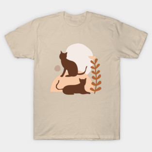Boho Brown Cats Shapes and Leaves Illustration T-Shirt