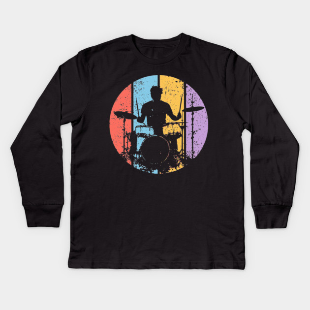 Retro Grunge Drummer Pop Art – Vintage Rock Music Tee Kids Long Sleeve T-Shirt by TuncGK