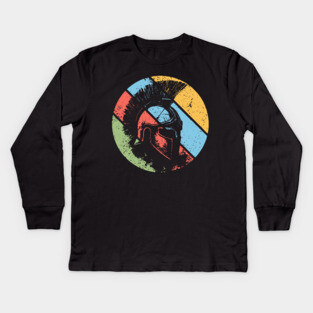 Vintage Spartan Warrior Pop Art – Distressed Retro Greek Helmet Tee Kids Long Sleeve T-Shirt