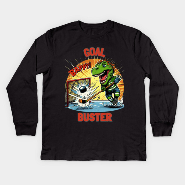 Goal Buster – Dino Hockey Hero Kids Long Sleeve T-Shirt by Ben's Store 1
