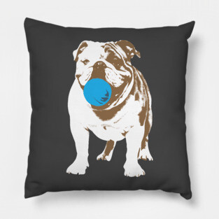 Playful Bulldog with Blue Ball Pillow