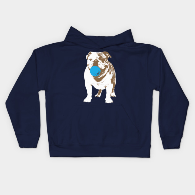 Playful Bulldog with Blue Ball Kids Hoodie by DonWillisJrArt