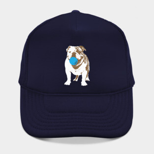 Playful Bulldog with Blue Ball Hat