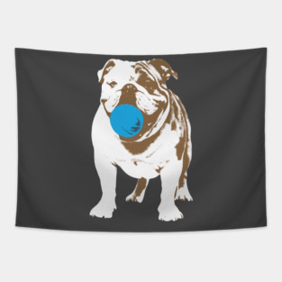 Playful Bulldog with Blue Ball Tapestry
