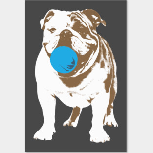 Playful Bulldog with Blue Ball Posters and Art