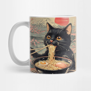 Japanese Ramen Cat Poster – Kawaii Neko Eating Noodles Art Mug