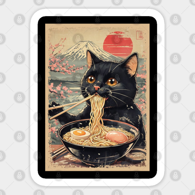 Japanese Ramen Cat Poster – Kawaii Neko Eating Noodles Art Sticker by Creatifly Graphic Tees