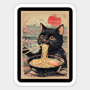 Japanese Ramen Cat Poster – Kawaii Neko Eating Noodles Art Magnet
