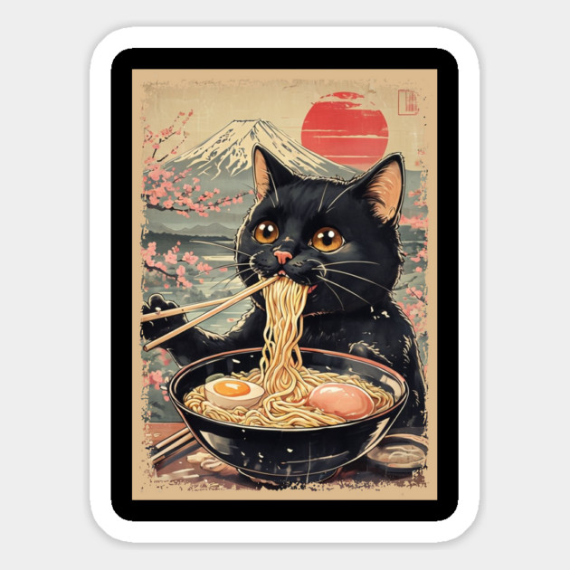 Japanese Ramen Cat Poster – Kawaii Neko Eating Noodles Art Magnet by Creatifly Graphic Tees