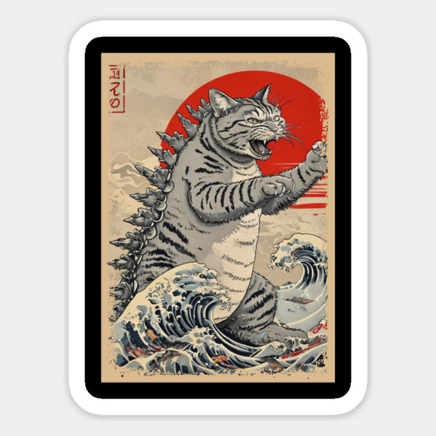 Catzilla Cat Japanese Art Funny Cat Magnet by Creatifly Graphic Tees