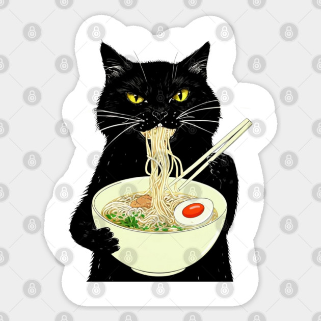 Japanese Cat Funny Cat Eating Ramen Vintage Japanese Noodles Sticker by Creatifly Graphic Tees